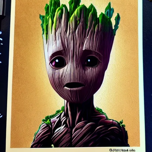 Image similar to a baby groot portrait in the style of drew struzan