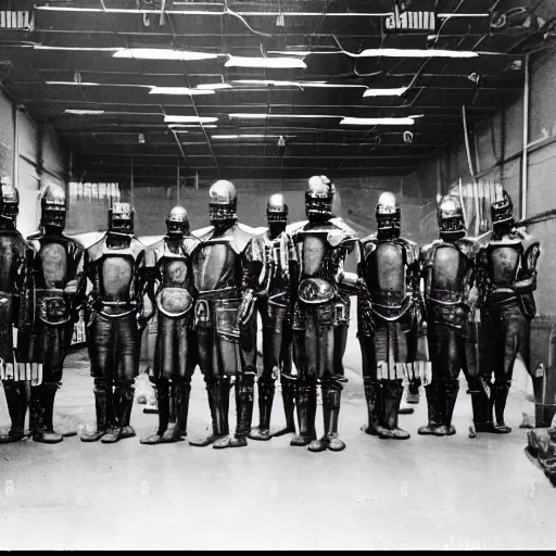 Prompt: grainy 1910s photo of a cybernetic warrior army standing unused inside a warehouse