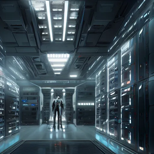 Image similar to professional painting of huge monumental conscious supercomputer with big face answers humankind questions in endless server room, trending on artstation, cyberpunk, sci - fi, futuristic, by greg rutkowski and maciej kuciara, high quality