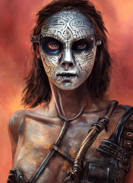 Image similar to detailed full body concept, oil painting of a mad max style female with beautiful face and eyes wearing intricate clothing, soft lighting and focus