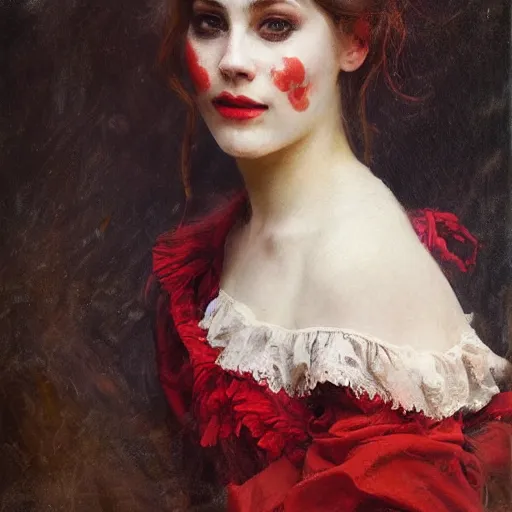 Image similar to Solomon Joseph Solomon and Richard Schmid and Jeremy Lipking victorian genre painting portrait painting of a happy young beautiful woman traditional german french actress model pirate wench in fantasy costume, red background