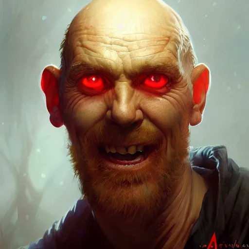 Image similar to portrait of a red bald man with black eyes and a black teeth, horror, glowing eyes, by Stanley Artgerm Lau , greg rutkowski, thomas kindkade, alphonse mucha, loish, norman rockwell. Trending on artstation detailed illustration hd 4k