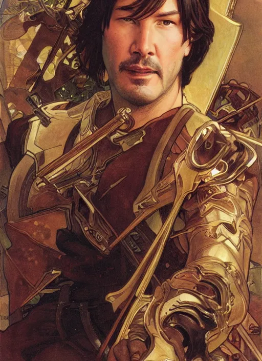 Prompt: keanu reeves in the slumps aiming crossbow brown skin golden hair brown leather armor high fantasy dnd smooth sharp focus illustration by rossdraws, alphonse mucha frank fanzzeta