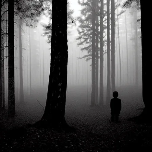 Image similar to shadow people in forest, staring at camera glowing white eyes, black and white, foggy, grainy, very old, creepy, eerie, unsettling