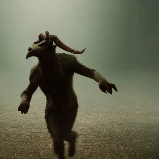 Image similar to a cinematic shot of a humanoid goat monster playing in a rock band, movie still, fog, atmospheric, 4 k