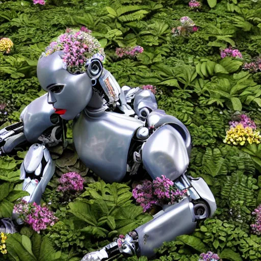 Image similar to side view of a beautiful abandoned human - shaped robot laying on the ground, overgrown foliage with flowers taking over it, close - up, 3 5 mm, biopunk, bokeh, beautiful, lens flare, emotional, detailed, picture, trending on artstation, award - winning, shiny, golden, angle view, octane render