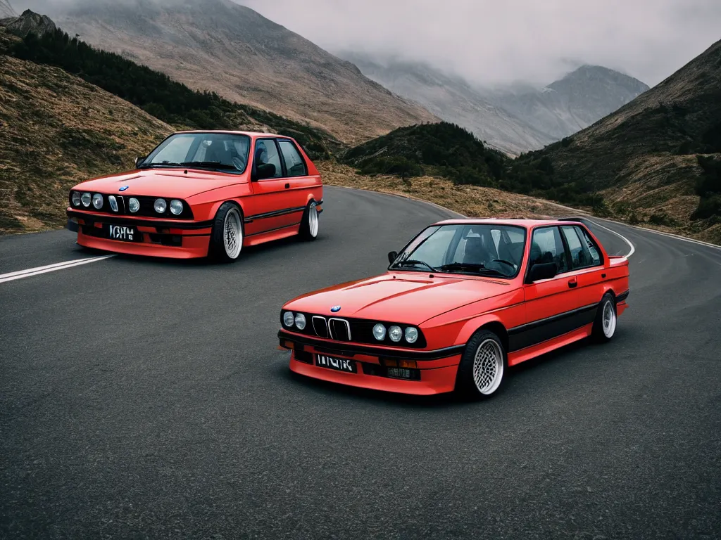 Prompt: a modified bmw e 3 0 with lights on a mountain road, motion blur, 3 5 mm photography, car photography, clean lines, realistic