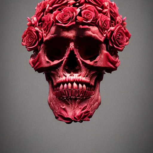 Image similar to skull made of red roses, organic horror, devil, death, giger, epic, baroque, art nouveau, james jean, photorealistic render, 3 ds max + v - ray, extremely detailed and intricate, center composition, elegant, vfx, unreal engine 5, octane render, extremely contrast, extremely sharp lines