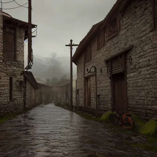 Image similar to the center of a poor medieval town under heavy rain at late dawn, in a valley, surrounded by mountains, highly detailed, octane render, hyper realistic, ultra detailed cinematic, 8 k, photorealistic, widescreen, hd, hyper realism
