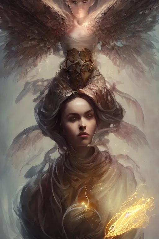 Image similar to portrait of a beautiful model casting magic spell holding electricity, angel, fantasy, dramatic lighting, highly detailed, digital painting, holding electricity, magic the gathering, hyper detailed, 3 d render, hyper realistic detailed portrait, peter mohrbacher, wlop, ruan jia