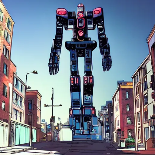 Prompt: A giant robot in the Northend neighborhood Boston, MA in anime style highly detailed by Makoto Shinkai and Raphael Lacoste