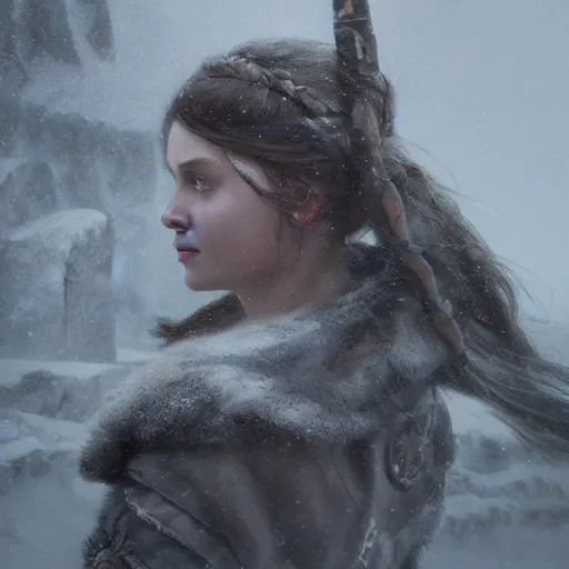 Image similar to an portrait of an female viking in blizzardy landscape, Matte painting , detailed painting, made by Greg Rutkowski, 4k resolution, atmospheric, breathtaking