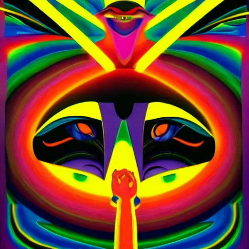 Image similar to a black man with yellow eyes and a dark rainbow background, gouache painting by tomokazu matsuyama, by ed paschke, by agnes pelton, by patrick nagel, behance contest winner, generative art, irridescent, holography, neon, dark art, retrowave, grain, black background