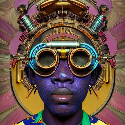 Image similar to colourful vfx upper half - portrait - art of a african tribal chief wearing steam punk goggles, art by utagawa kunisada, james jean & alphonse mucha, symmetrical, intricate detail, concept art, volumetric light, ray tracing, caricature, digital illustration, digital painting, octane 3 d render, unreal engine, sharp, pinterest, behance, art station,