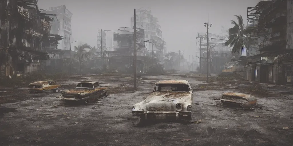 Image similar to wide angle shot of dilapidated fallout 5 tropical coastal city in real life, desolate, dilapidated, empty streets, nightmarish, some rusted retro futuristic fallout vintage style parked cars, overcast, blankets of fog pockets, rain, volumetric lighting, beautiful, daytime, autumn, sharp focus, ultra detailed, cgsociety