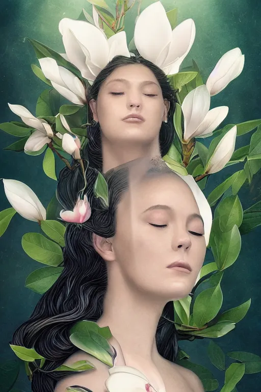 Prompt: a goddess of magnolia a queen of the garden, meditating! with a beautiful symmetrical face!!! cinematic lightning, isolated, studio lighting by ross tran