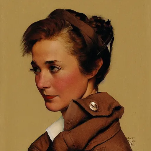 Image similar to head and shoulders portrait of woman, fully clothed, three quarter profile, norman rockwell, jacob collins, tom lovell, frank schoonover