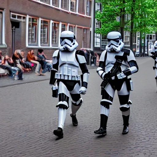 Prompt: a low - detailed picture of stormtroopers walking in amsterdam, digital art