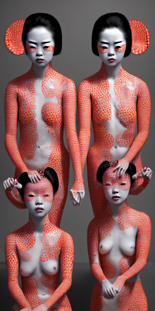 Prompt: hyperrealistic detailed image of a geisha twins in a art installation room, hd smooth interior by yayoi kusama, part by kei mieno, part by ross tran, dark art by james jean, ultra realistic, highly detailed, life like face, detailed body, 8 k, 3 d render by roger magrini, masterpiece