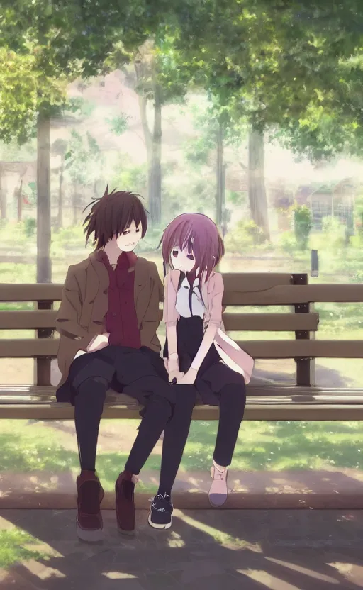 Prompt: a midshot perspective of a guy and a girl sitting on a bench together both blushing and looking away, slice of life anime digital art, 4k ultra