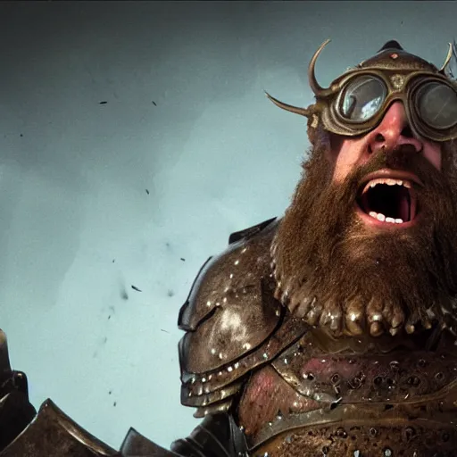 Image similar to highly detailed octane render of a close up portrait of an ugly man with a giant beard wearing goggles and armour and screaming in a cave whilst surrounded by large insects