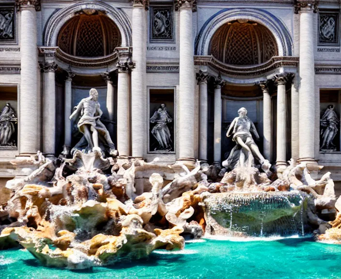 Prompt: 4 k hd, high detail photograph of fountain trevi, shot with sigma f / 4. 2, 2 5 0 mm sharp lens, wide shot, volumetric lighting, high level texture render, unreal engine