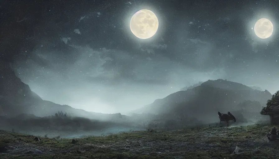 Image similar to a beautiful landscape at dusk, big moon and stars in the sky, matte painting, dark blue tones, concept art, 4k