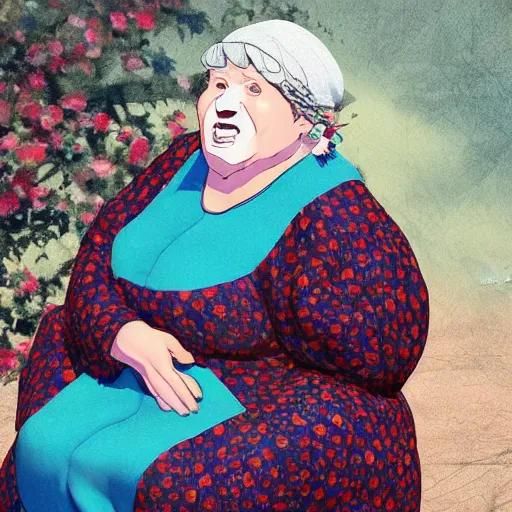 Image similar to of a very funny ambient occlusion render. a sweet fat old woman is in love with her self. flowery dress. symmetrical face, red mouth, blue eyes. deep focus, lovely scene. ambient occlusion render. concept art. unreal engine. pencil and ink. goya painting style.