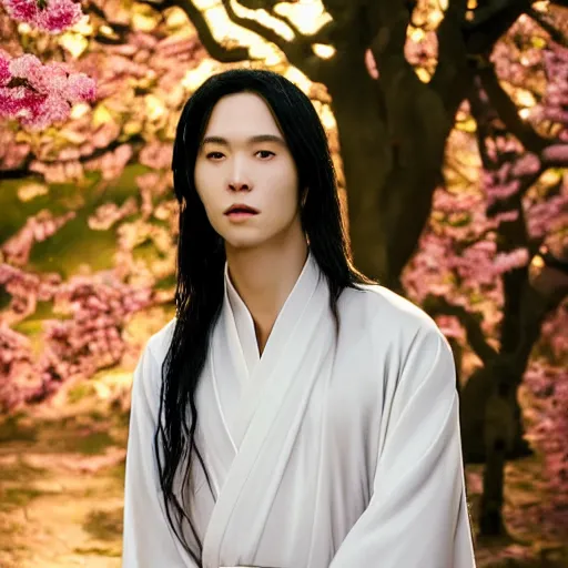 Image similar to a portrait of a young beautiful prince, golden eyes, long black hair, white hanfu, elegant, intricate, backlit, incredible lighting, strong rim light, subsurface scattering, photorealistic, epic beautiful landscape, cherry trees, highly detailed, digital painting, by Heise Jinyao, Heise-Lian Yan Fang, Feimo, Rossdraws, HDRI, vivid colors, high contrast, 8k