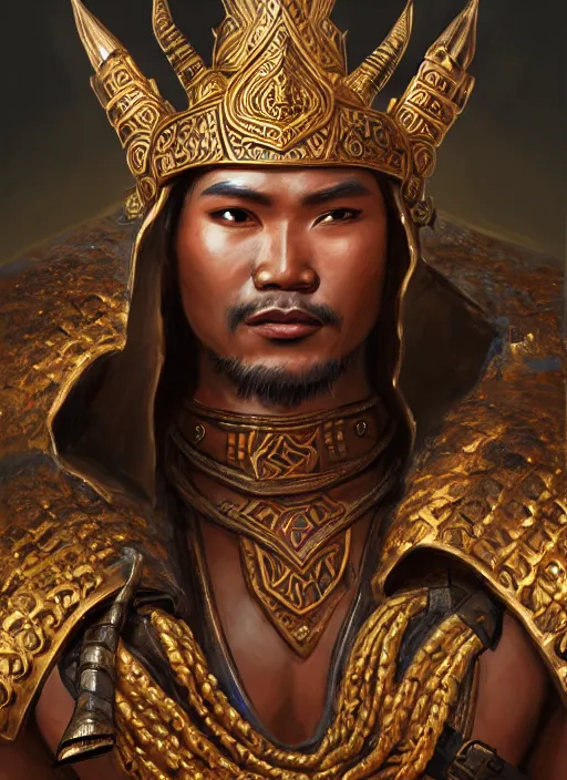 Prompt: smart tai warlord, closeup portrait, historical hero, ethnic group, khmer costume, khmer art bronze headdress, intricate, with leather armor cross on bare chest, elegant, loin cloth, highly detailed, oil painting, artstation, concept art, matte, sharp focus, illustration, hearthstone, art by earl norem