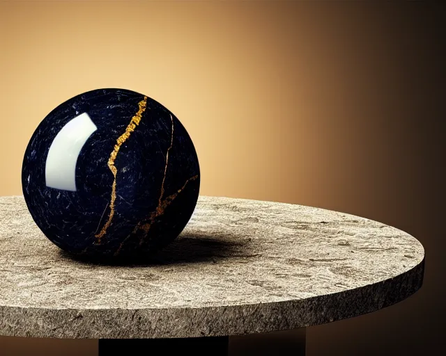 Prompt: a large ball of obsidian with veins of gold running through, on a stone table!!!!!!, octane render, photoshoot, highly detailed, 8 k, depth of field
