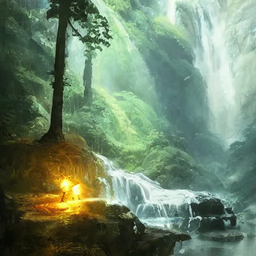 Image similar to Gargantuan stone robot resting under a waterfall inside a forest, oil painting, by Greg Rutkowski