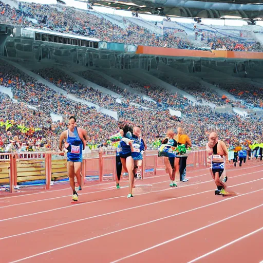 Prompt: astronauts running in a race in a stadium. olympic relay race.