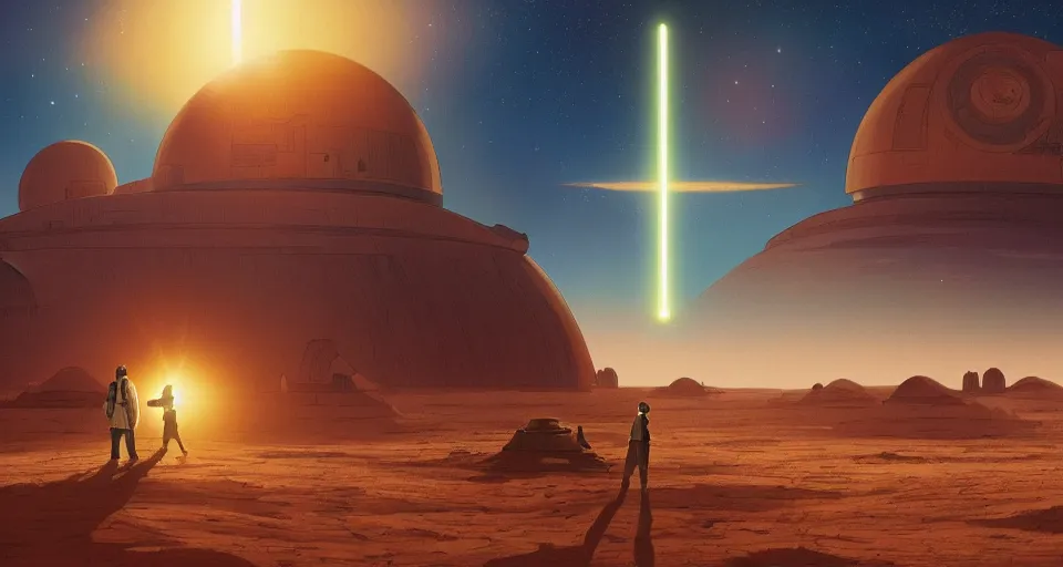 Prompt: beautiful wide shot tatooine landscape, Luke skywalker watches binary sunset from moisture farm, Star Wars a new hope 1977, studio ghibli, Miyazaki, Greg rutkowski, Alphonse mucha, Moebius , animation, golden hour, highly detailed, hdr, vivid color, 70mm