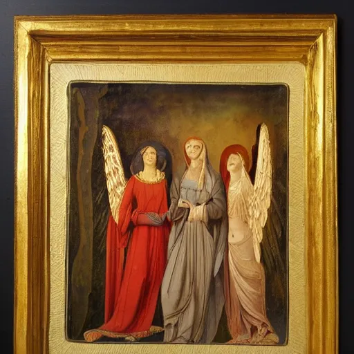 Image similar to religious painting of 3 women at a tomb. two angels in the background