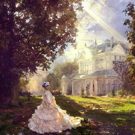 Prompt: portrait of a victorian lady in front of a English manor, from behind, streets, birds in the sky, sunlight and rays of light shining through trees, tall buildings on the sides, beautiful, solarpunk!!!, highly detailed, digital painting by Michael Garmash and Peter Mohrbacher