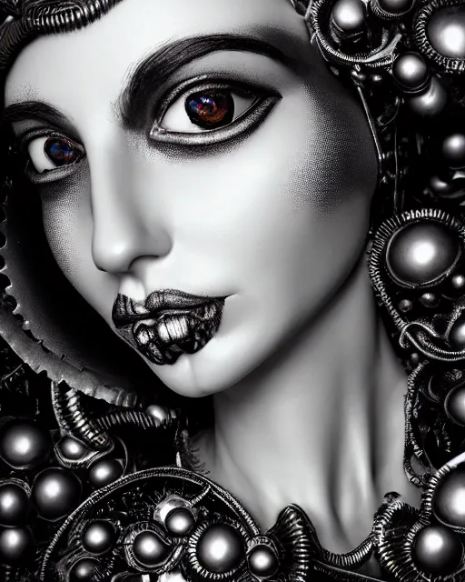 Image similar to black and white dreamy foggy smoky detailed profile face portrait, one silver steampunk eye biomechanical beautiful young female cyclope - cyborg - robot bust, body ribs meshes,, volumetric light, hibiscus flowers, rim light, by dora maar and cecile beaton, big gothic fashion pearl embroidered collar, 8 k