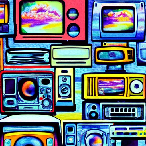 Image similar to array of crt televisions made out of cars, tv static, blob, technology, antenna, stacked, junkyard, polaroid, steroids, adult video store, impressionist painting, painting, acrylic painting, cell shaded