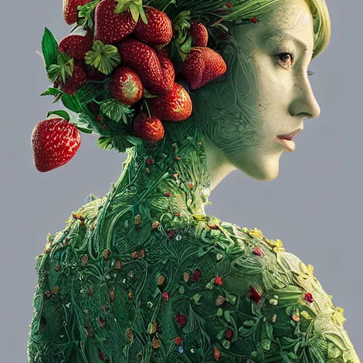 Image similar to the portrait of an absurdly beautiful, graceful, elegant, sophisticated woman made of strawberries and green petals, an ultrafine hyperdetailed illustration by kim jung gi, irakli nadar, proportions, intricate linework, bright colors, octopath traveler, final fantasy, unreal engine 5 highly rendered, global illumination, radiant light, detailed and intricate environment