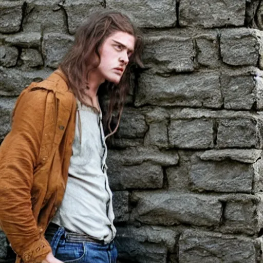 Image similar to Still of a modern movie set in the 1930s where a young man with long hair is backed against a stone wall looking utterly panicked and helpless