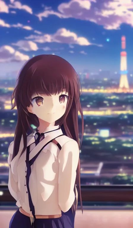 Image similar to anime fine details portrait of a school girl in front of modern tokyo city landscape on the background deep bokeh, close-up view, anime masterpiece by Studio Ufotable, 8k, sharp high quality anime, artstation