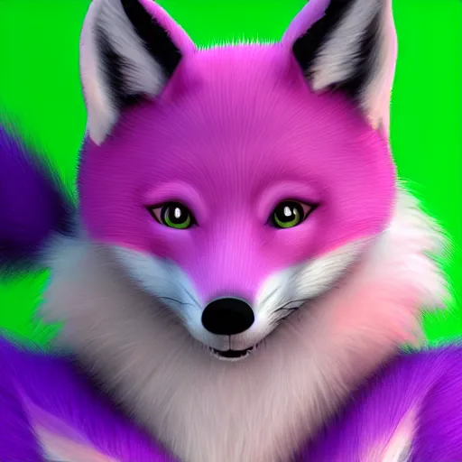 Prompt: an anthropomorphic pink fox with green dots on the face, green hair, dark purple ears, and purple-red eyes, digital art