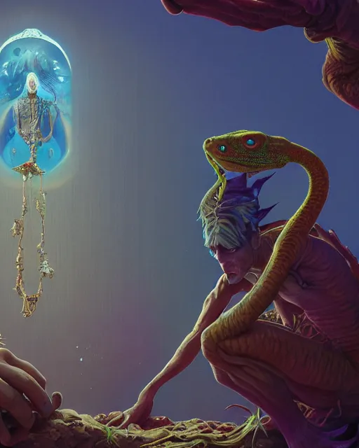 Prompt: highly detailed surreal vfx portrait of a lizard person with a necklace, wearing a toga, stephen bliss, unreal engine, greg rutkowski, loish, rhads, beeple, makoto shinkai and lois van baarle, ilya kuvshinov, rossdraws, tom bagshaw, alphonse mucha, global illumination, detailed and intricate environment