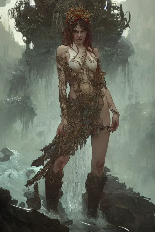 Image similar to a full body portrait of a beautiful post apocalyptic offworld nordic necromancer swimming by the waterfalls, intricate, elegant, highly detailed, digital painting, artstation, concept art, smooth, sharp focus, illustration, art by krenz cushart and artem demura and alphonse mucha