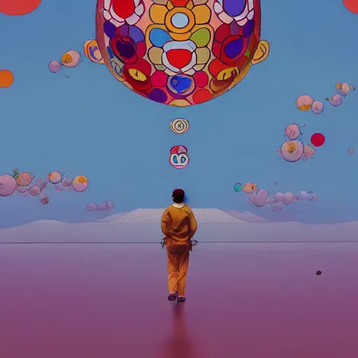 Image similar to a man walking on clouds away from the camera above kyoto by takashi murakami, beeple and james jean, aya takano color style, 4 k, super detailed, modern, 4 k, symmetrical