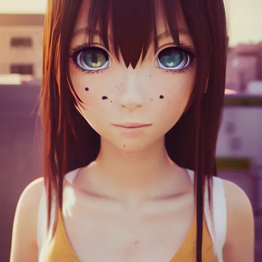 Image similar to Render of a very beautiful 3d anime girl, long hair, hazel eyes, cute freckles, full round face, short smile, cute sundress, golden hour, space setting, medium shot, mid-shot, highly detailed, trending on Artstation, Unreal Engine 4k