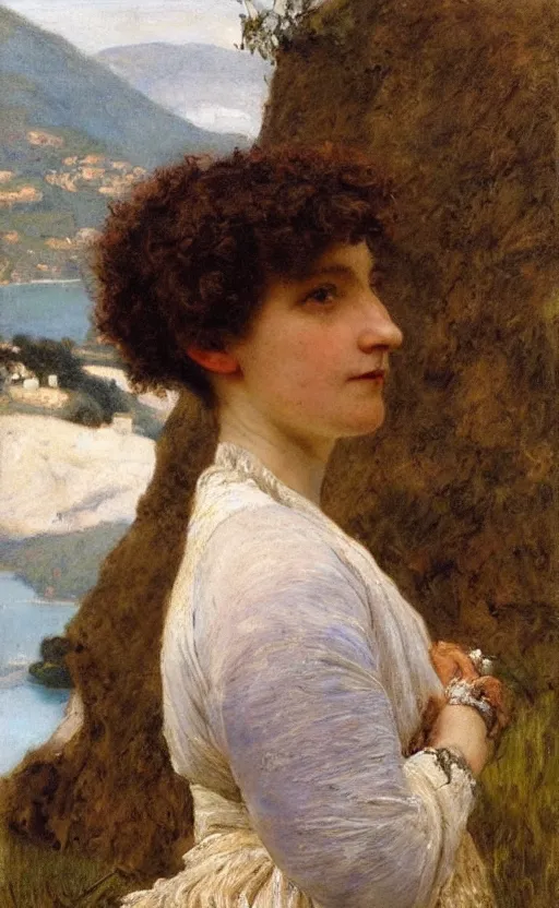 Prompt: oil portrait!!! by alma tadema of a woman looking at us, head slightly turned on the right, lake como!! in the background, short brown hair