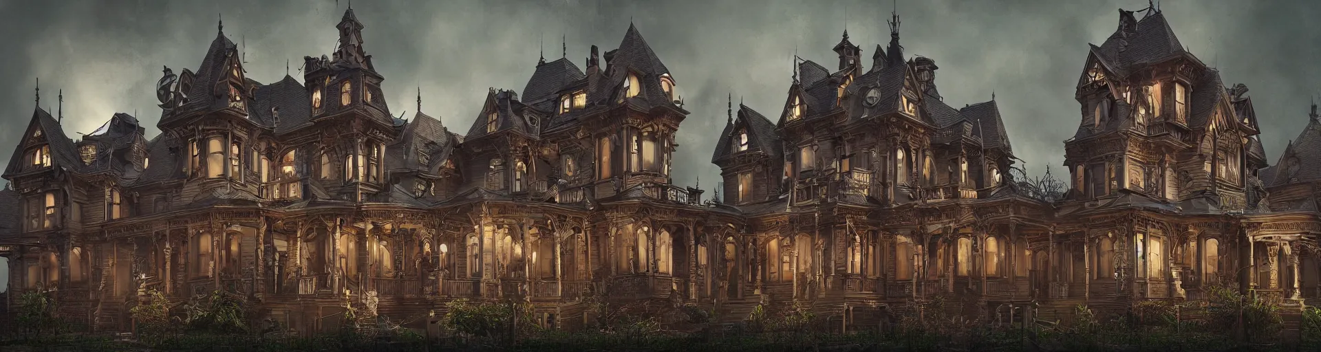 Prompt: a victorian mansion addams family style, colorful, hyper detailed, horror, cinematic atmosphere, arnold render, dramatic lighting, trending on artstation, cgsociety,