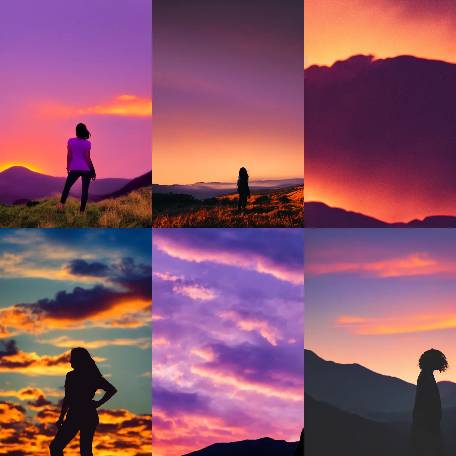 Prompt: silhouette of a woman, dark purple mountains in foreground, light purple mountains background, yellow sky, orange sun, light purple clouds, sunset landscape