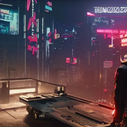 Prompt: trump as a leader to an evil corporation in cyberpunk 2 0 7 7, technological, movie footage, high - tech, still frame